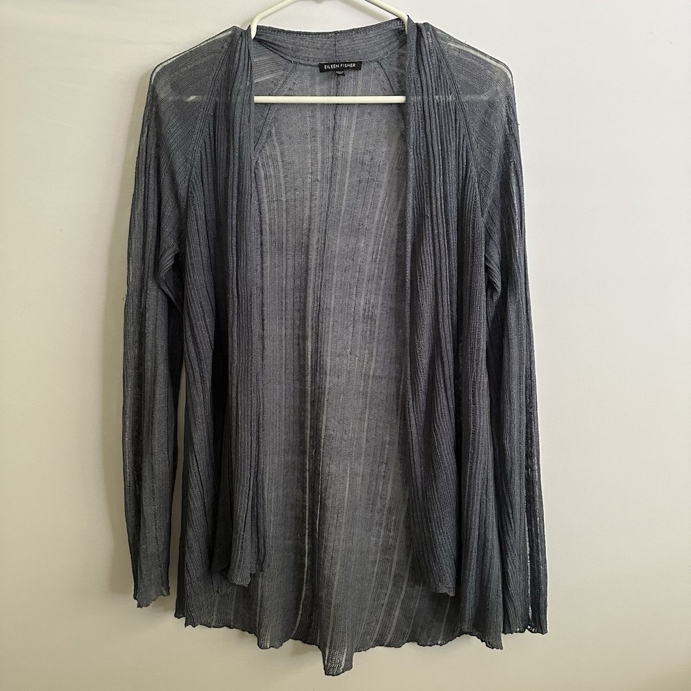 EILEEN FISHER Cardigan XS Linen & Silk Ribbed Sheer Open Front Long Sleeve Blue